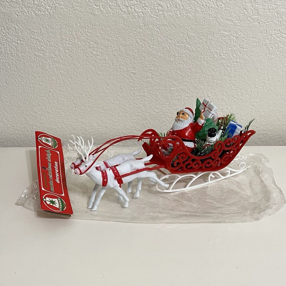 Vintage Commodone Santa Reindeer Sleigh Decoration Plastic Felted Christmas